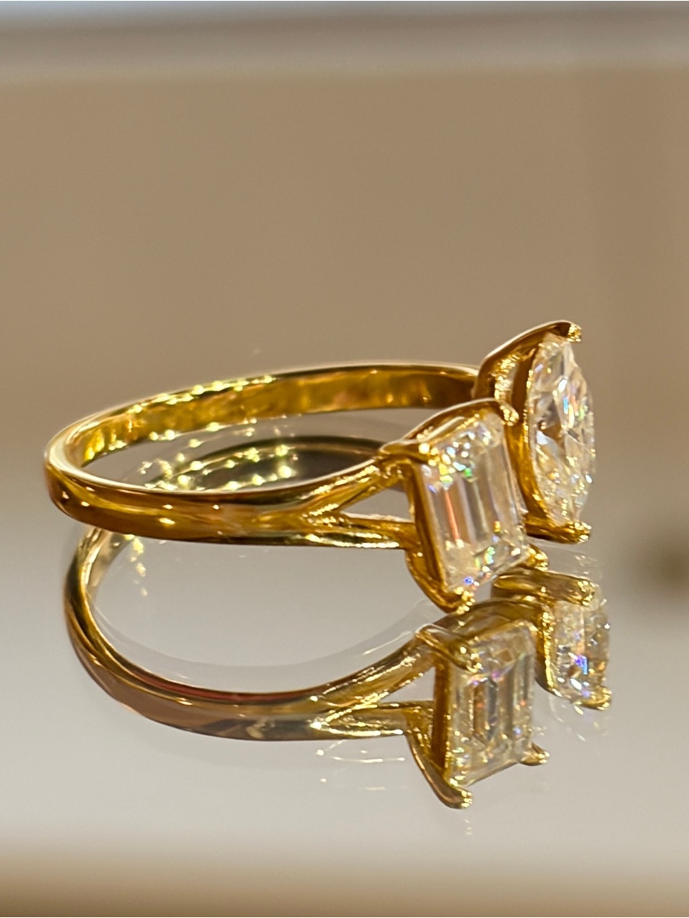 New 18K Gold Plated Toi-et-moi Marquise/Emerald cut Moissanite ring - Picture 3 of 7